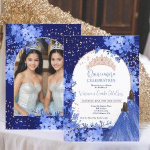 Rose gold blue floral princess Twins Quinceanera