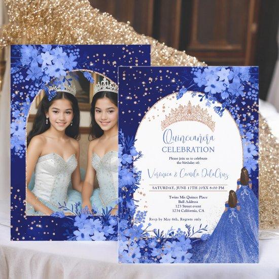 Rose gold blue floral princess Twins Quinceanera