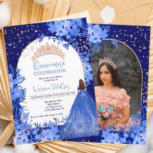 Rose gold blue floral tiara princess Quinceanera