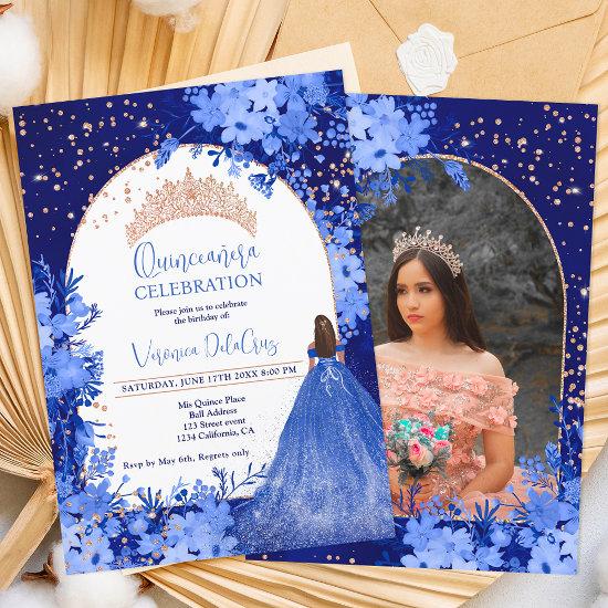 Rose gold blue floral tiara princess Quinceanera