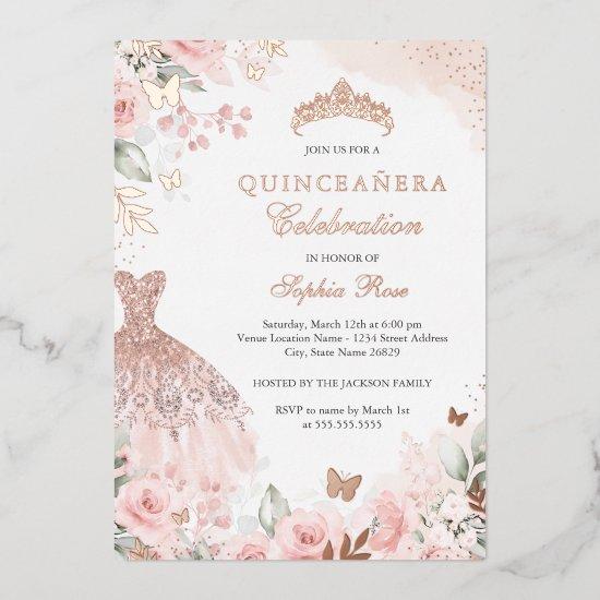 Rose Gold Blush Dress Floral Quinceanera  Foil