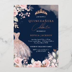 Rose Gold Blush Dress Floral Quinceanera Navy Foil