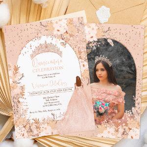 Rose gold blush floral tiara princess Quinceanera