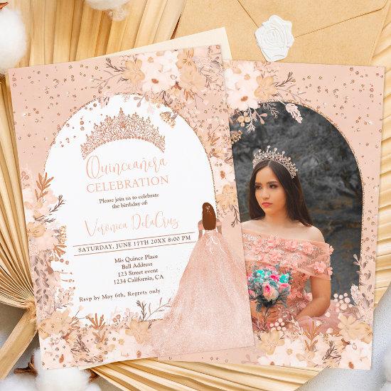 Rose gold blush floral tiara princess Quinceanera