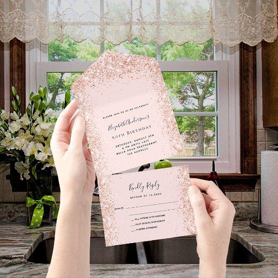 Rose gold blush glitter birthday rsvp all in one