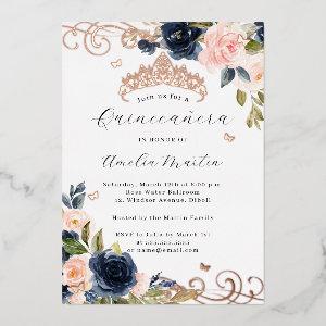 Rose Gold Blush Navy Floral Swirl Quinceanera   Foil