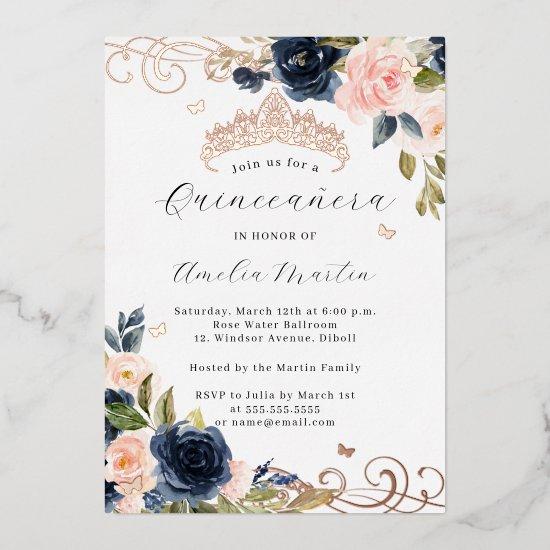 Rose Gold Blush Navy Floral Swirl Quinceanera   Foil