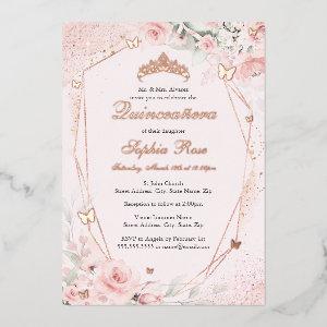 Rose Gold Blush Pink Butterfly Floral Quinceanera Foil