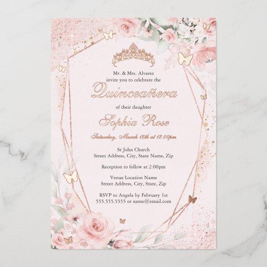 Rose Gold Blush Pink Butterfly Floral Quinceanera Foil