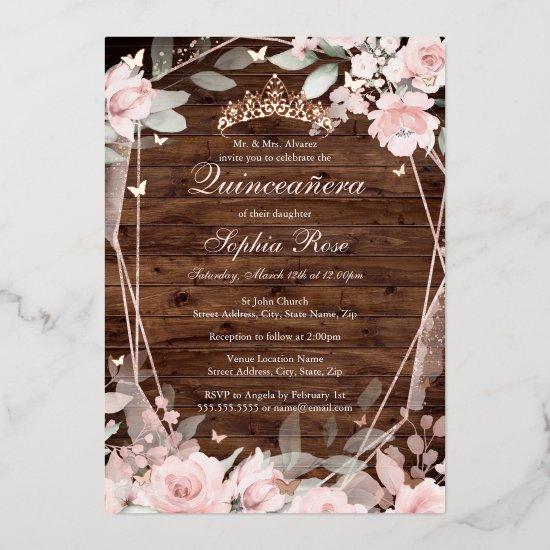 Rose Gold Blush Pink Rustic Floral Quinceanera  Foil