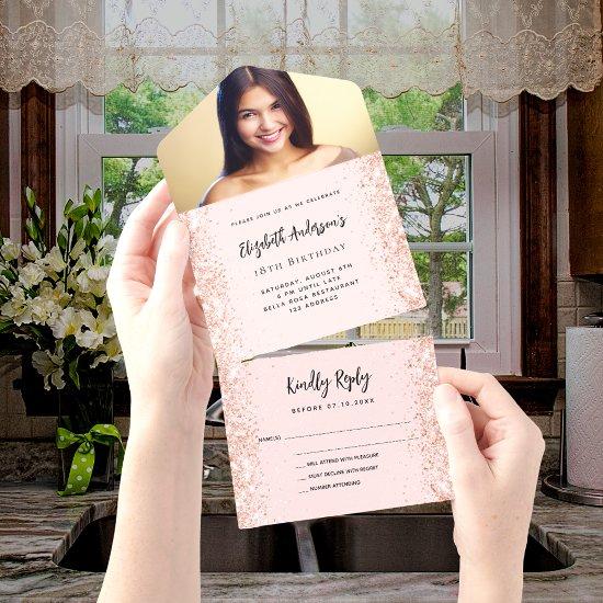 Rose gold blush sparkles photo birthday rsvp all in one