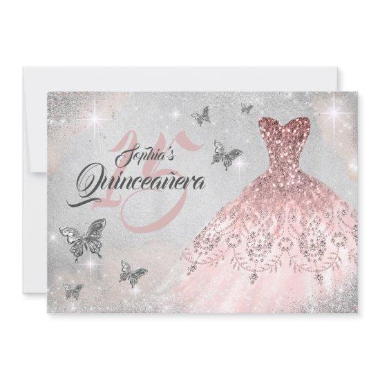 Rose Gold Butterfly Sparkle Dress Quinceanera