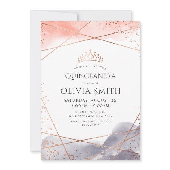 Rose Gold Dawn Watercolor Geometric Quinceanera