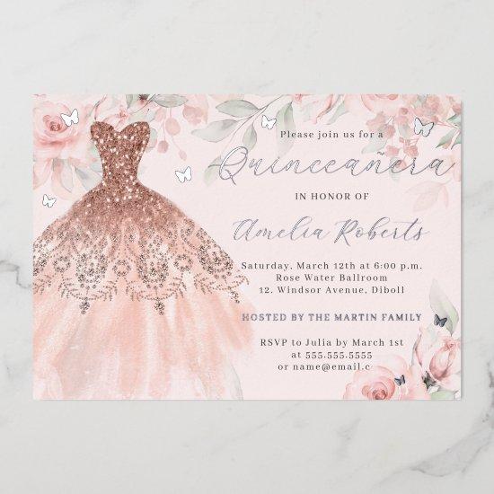 Rose Gold Dress Floral Silver Butterfly  Foil