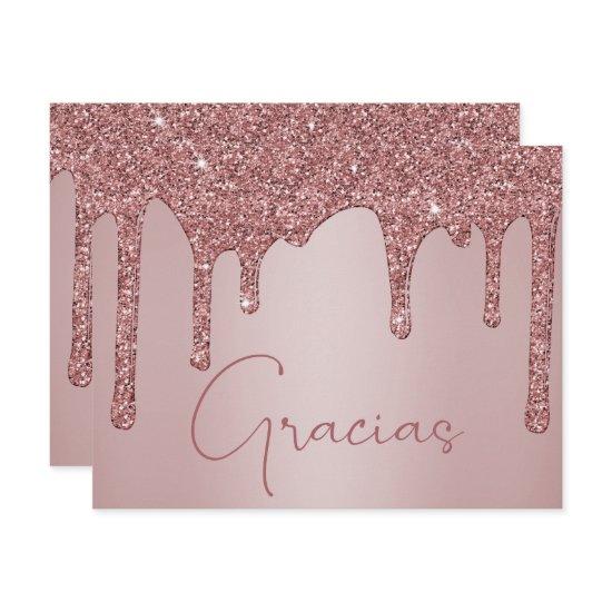 Rose Gold Dripping Glitter Quinceanera Gracias Thank You Card