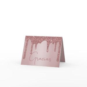Rose Gold Dripping Glitter Quinceanera Gracias Thank You Card
