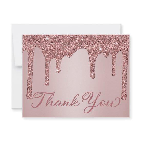 Rose Gold Dripping Glitter Quinceanera Thank You Card