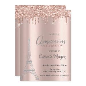 Rose Gold Drips, Eiffel Tower Quinceanera Invitati