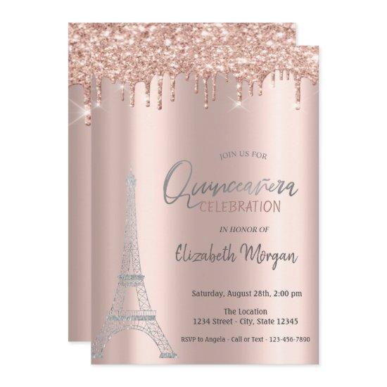 Rose Gold Drips, Eiffel Tower Quinceanera Invitati