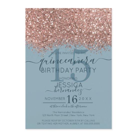 Rose Gold Dusty Blue Glitter Confetti Quinceañera