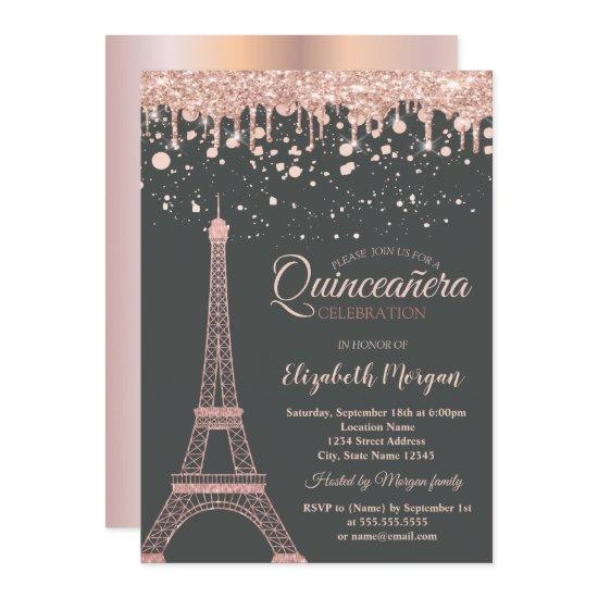 Rose Gold Eiffel Tower,Drips Dots Quinceañera