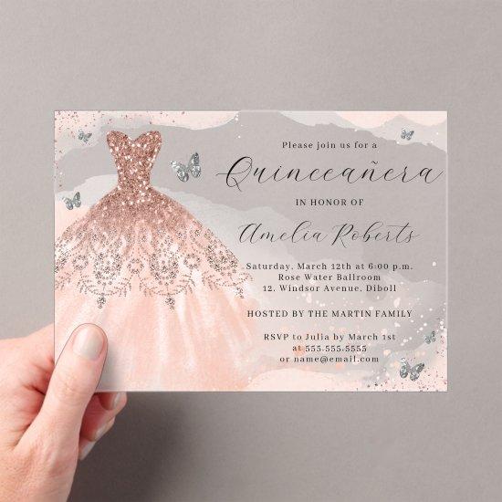 Rose Gold Elegant Dress Butterfly Quinceanera Acrylic