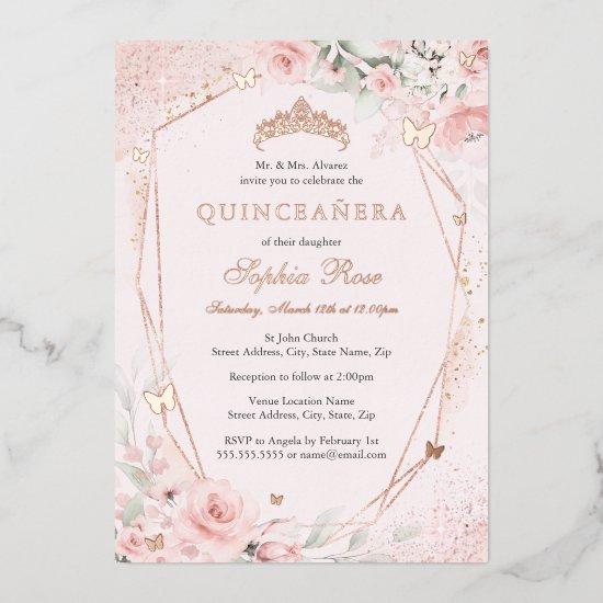 Rose Gold Floral Blush Pink Butterfly Quinceanera Foil