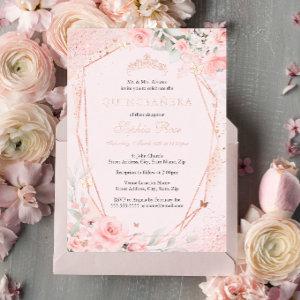 Rose Gold Floral Blush Pink Butterfly Quinceanera Foil