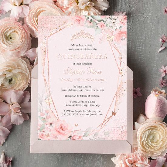 Rose Gold Floral Blush Pink Butterfly Quinceanera Foil