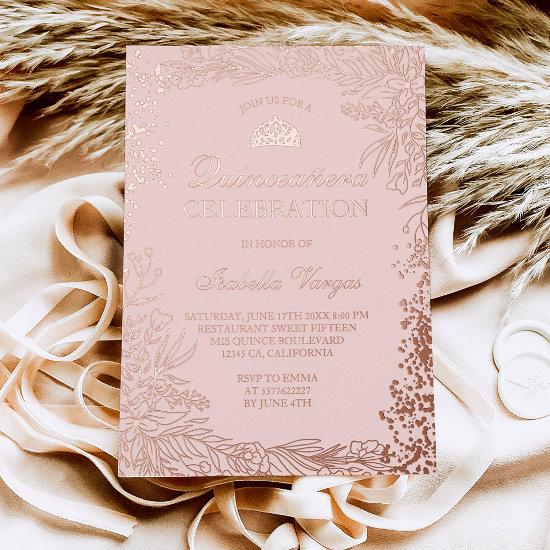 Rose Gold floral blush pink Tiara chic Quinceanera Foil