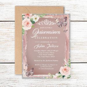 Rose Gold Floral Butterfly Sparkle Quinceanera