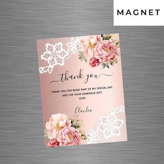 Rose gold floral lace thank you card magnet