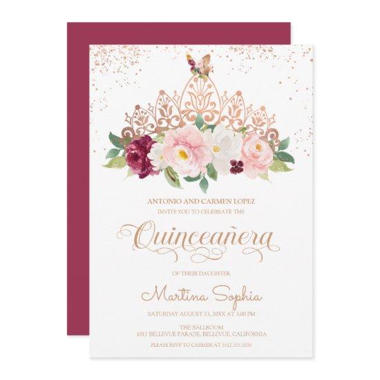 Rose Gold Floral Tiara & Butterfly Quinceanera