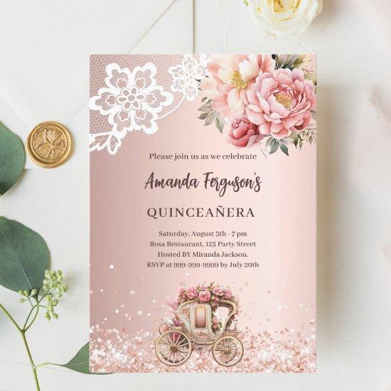 Rose gold florals lace carriage Quinceanera