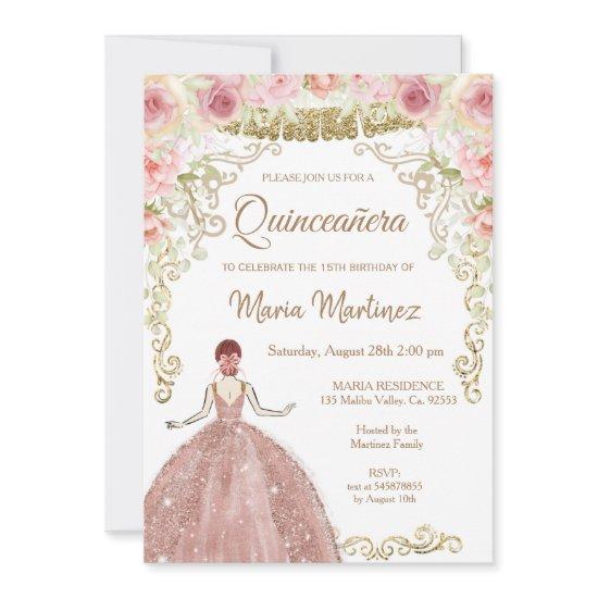 Rose Gold Flowers and Gold Glitters Quinceanera