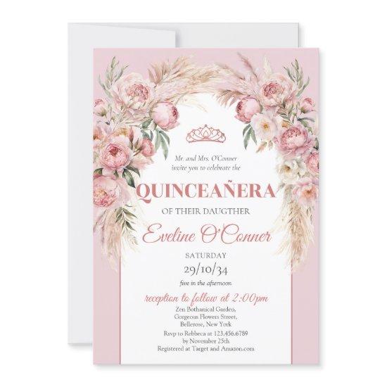 Rose gold flowers pampas grass boho Quinceañera