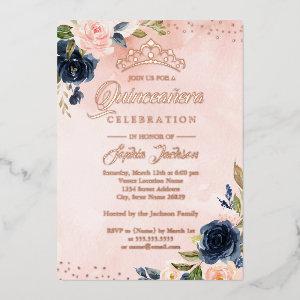 ROSE GOLD FOIL Blush Navy Floral Tiara Quinceanera Foil