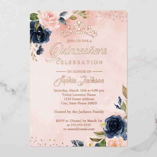ROSE GOLD FOIL Blush Navy Floral Tiara Quinceanera Foil
