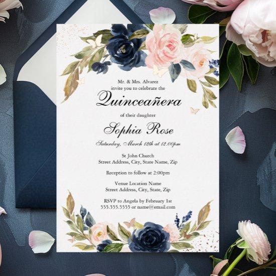 ROSE GOLD FOIL Pink Navy Floral Quinceanera  Foil