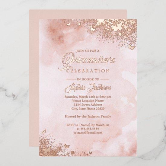 ROSE GOLD FOIL Pink Peach Butterfly Quinceanera  Foil