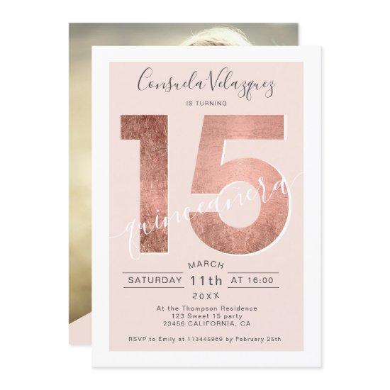 Rose gold foil script blush quinceanera photo