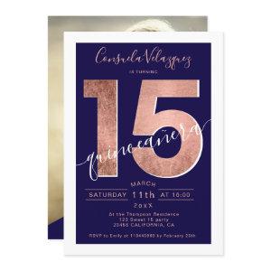 Rose gold foil script navy blue quinceanera photo