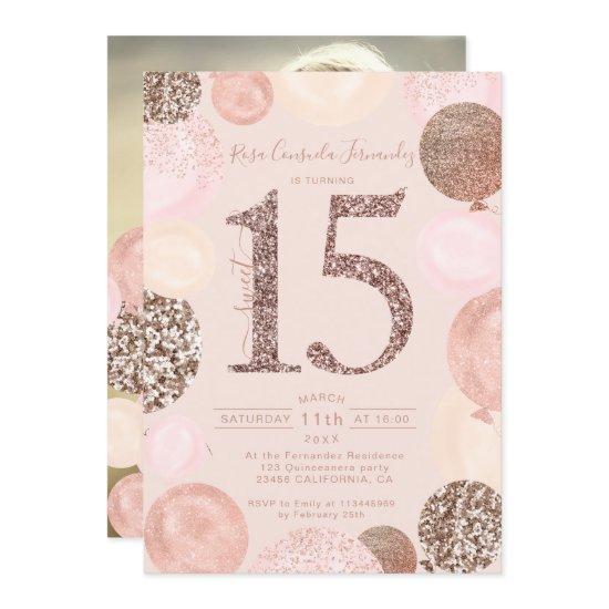 Rose gold glitter balloons blush Quinceanera photo