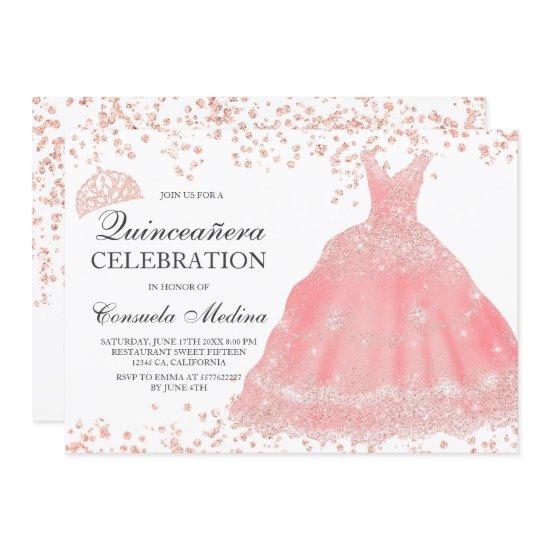 Rose gold glitter blush tiara dress Quinceañera