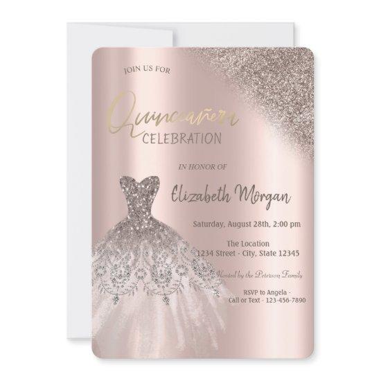 Rose Gold Glitter Bokeh Dress Quinceañera