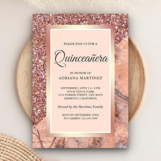 Rose Gold Glitter Coral Pink Marble Quinceanera