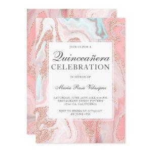 Rose gold glitter coral pink marble Quinceanera