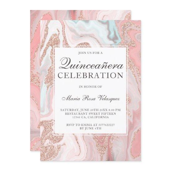 Rose gold glitter coral pink marble Quinceanera
