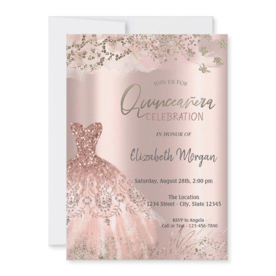 Rose Gold Glitter Diamonds Chic Dress Quinceañera