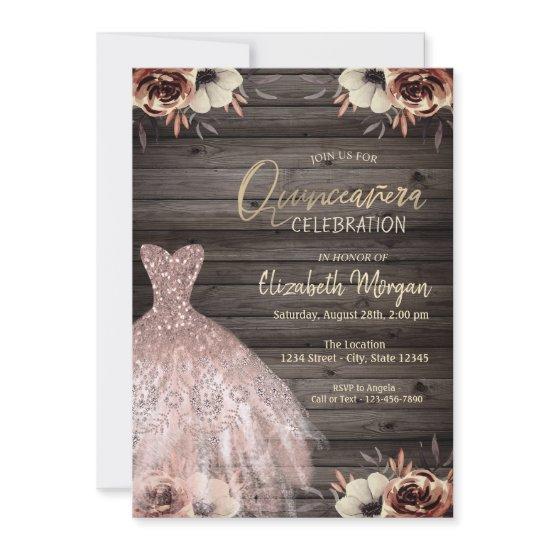 Rose Gold Glitter Dress Flowers Wood Quinceañera